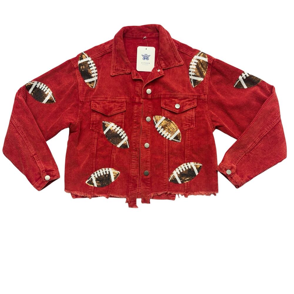 Game Day Football Sequin Red Corduroy Jacket NWT Cropped Tailgate Western Size S